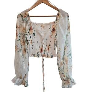 A Peach Cropped Blouse Women Small White Floral Boho Ruffle Cottage Prairie